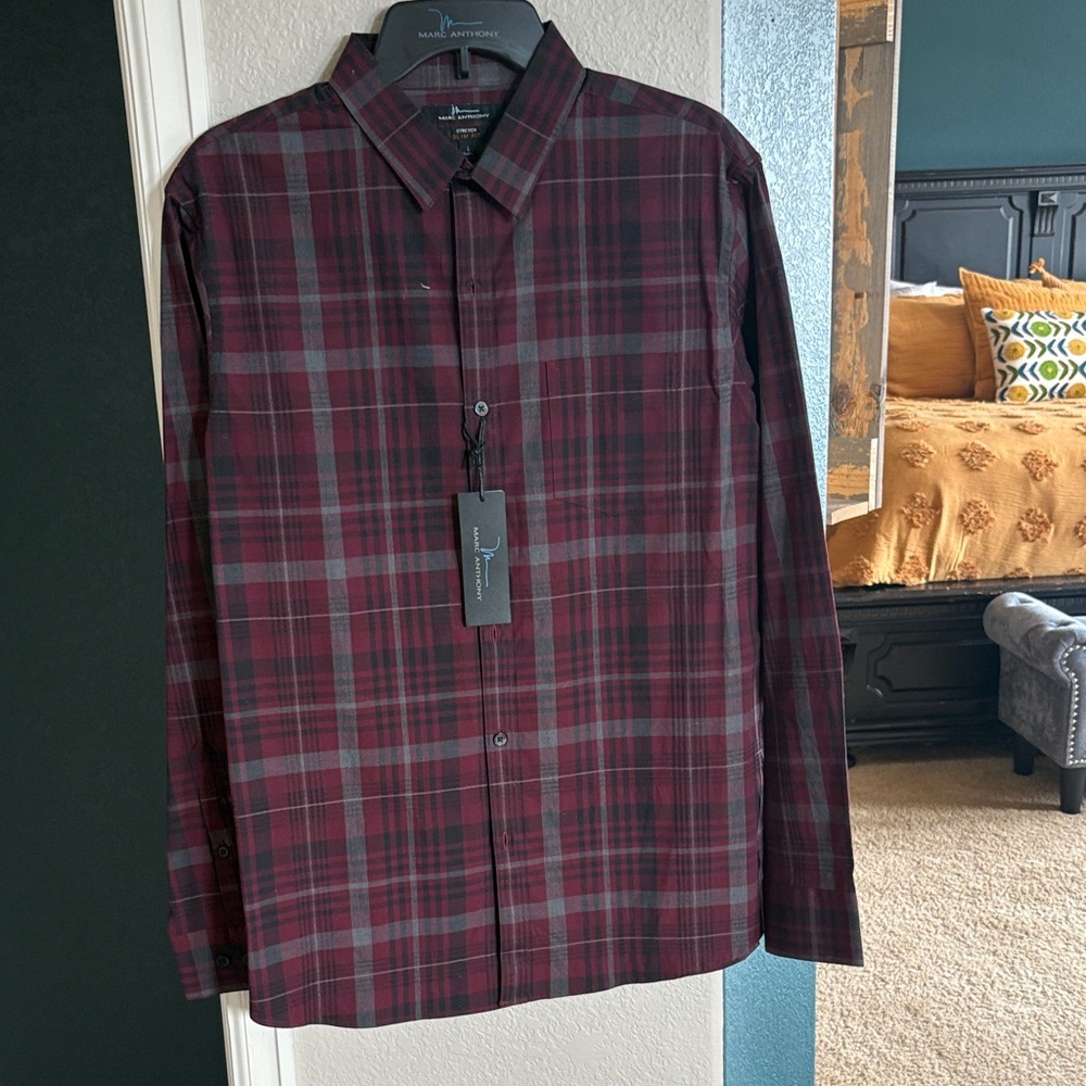 Marc Anthony Burgundy and Gray Plaid Shirt